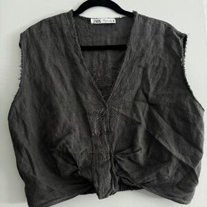ZARA Frayed Hem Linen-Blend Crop Top | Size XS | Gray